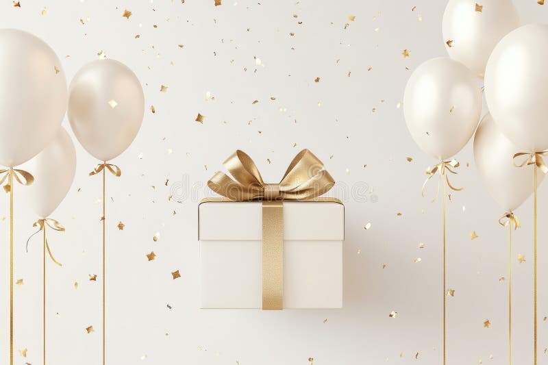 Fundal elegant pentru felicitări, cu o cutie cadou cu baloane și panglică de aur în stil 3d royalty free stock photo
