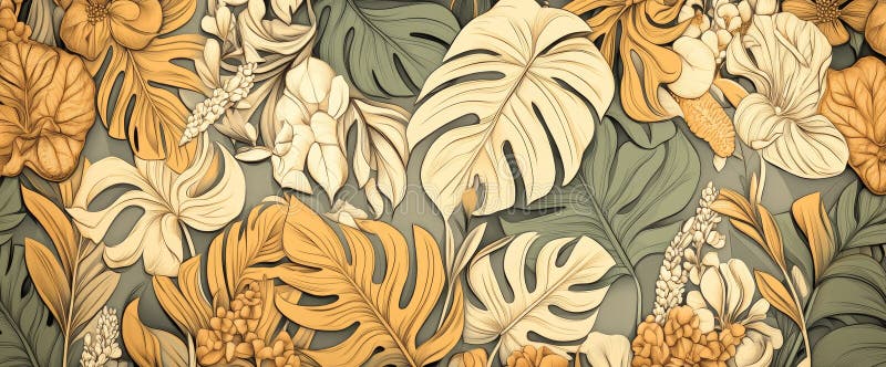Fundal modern cu artă abstractă pentru linia frunzișului. Tapet cu frunze tropicale, cu ramuri monstere și frunze în mână royalty free stock image