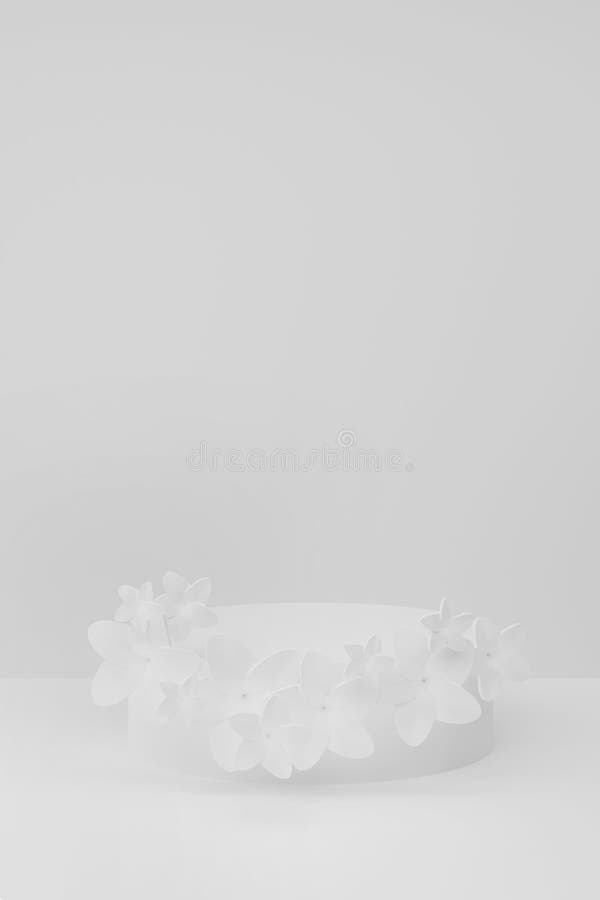 Fundal podium 3D. Podium cilindric alb pe fond alb. Flori de primăvară coroana ca decor mockup 3d redare. vector illustration