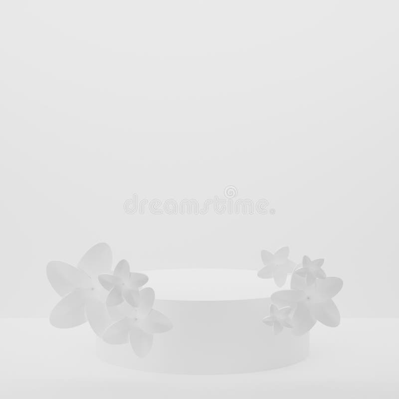 Fundal podium 3D, piedestal cilindric alb pe fond alb. Flori albe de primăvară ca decor mockup 3d redare stock illustration