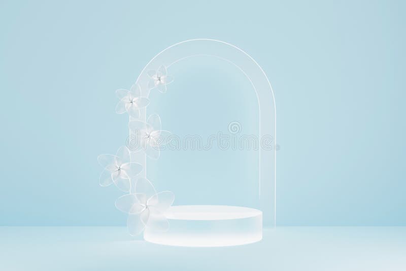 Fundal podium realist 3D, din sticlă glasată, cu vârf cilindric, pe albastru. stock illustration