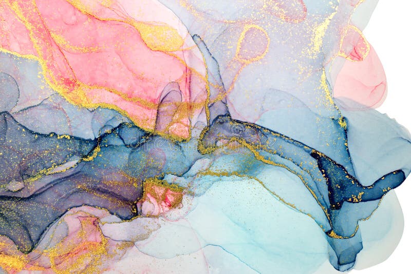 Fundo abstrato de tinta alcoólica. textura do estilo de aquarela. ilustração das manchas de tinta azul e dourada cor-de-rosa.