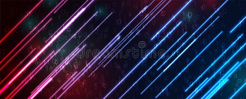 Futuristic technology neon abstract background with binary code numbers, letters and glowing laser lines. Dark blue and red backdrop. Concept vector design. Futuristic technology neon abstract background with binary code numbers, letters and glowing laser lines. Dark blue and red backdrop. Concept vector design