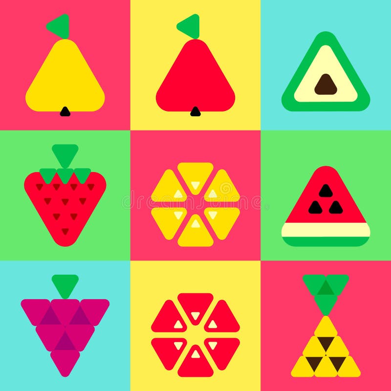 Fundo ajustado da cor dos ícones dos frutos do triângulo ilustração do vetor Fundo ajustado da cor dos ícones dos frutos do triângulo ilustração do vetor