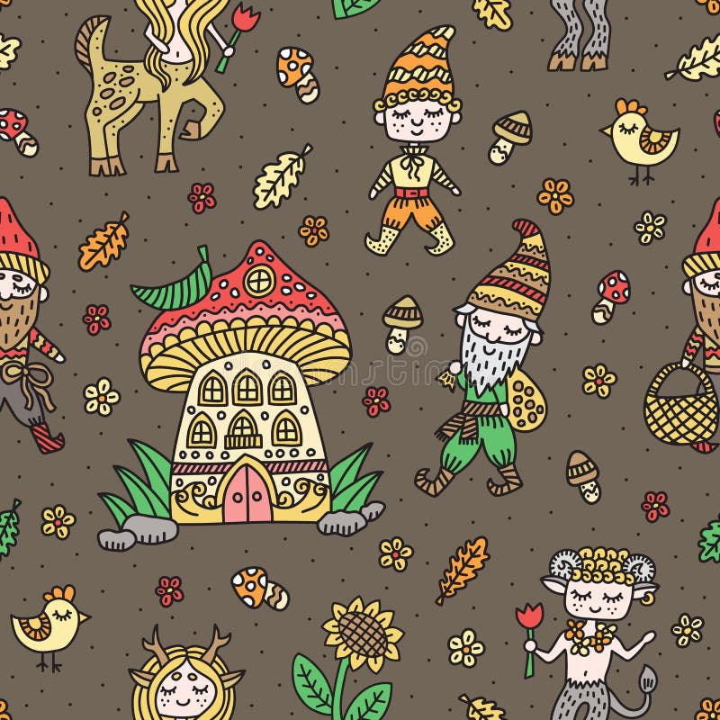 Cute woodland background. Fairy tale creatures. Gnome, centaur, satyr. Vector seamless pattern. Cute woodland background. Fairy tale creatures. Gnome, centaur, satyr. Vector seamless pattern.