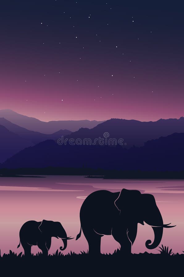 Fundo bonito do por do sol com elefante Elefante do bebê com a mamã sob o céu cor-de-rosa ilustração do vetor