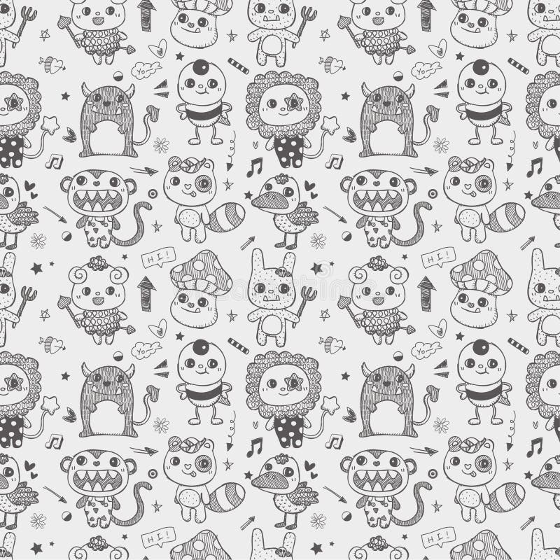 Fundo padrão contínuo de monstros fofos em estilo doodle ilustração royalty free