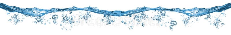 Fresh blue natural drink water wave wide panorama with bubbles concept isolated white background. Fresh blue natural drink water wave wide panorama with bubbles concept isolated white background