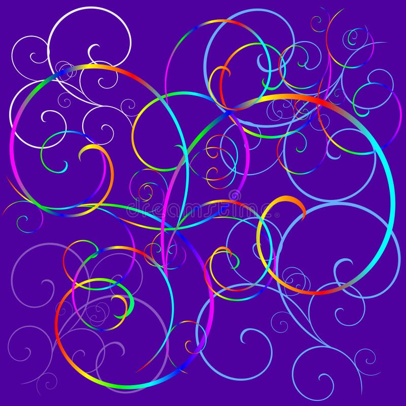 An illustrated, abstract view of colorful curls and swirls on a lilac background. An illustrated, abstract view of colorful curls and swirls on a lilac background.