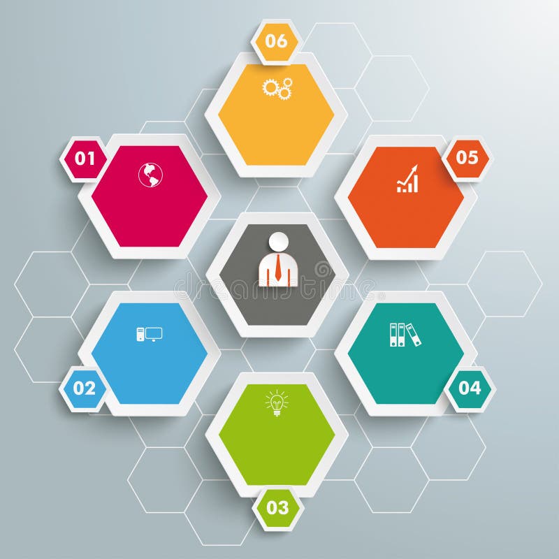 6 Hexágonos Coloridos Fundo Hexagonal ilustração stock