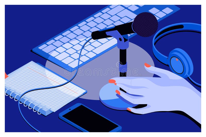 Fundo com fones de ouvido, microfone da música ou do podcast, caderno, teclado na tabela ilustração stock Fundo com fones de ouvido, microfone da música ou do podcast, caderno, teclado na tabela ilustração stock
