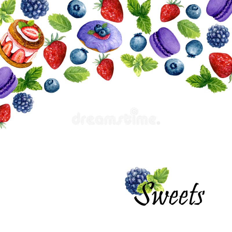 Fundo da aquarela com sobremesas, a hortel? e lugar doces para o texto Molde com an?is de espuma, bolo, macarons e bagas ilustração stock Fundo da aquarela com sobremesas, a hortel? e lugar doces para o texto Molde com an?is de espuma, bolo, macarons e bagas ilustração stock