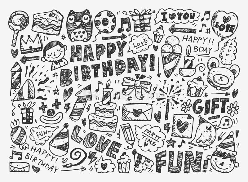 Fundo de aniversário com rabiscos ilustração royalty free