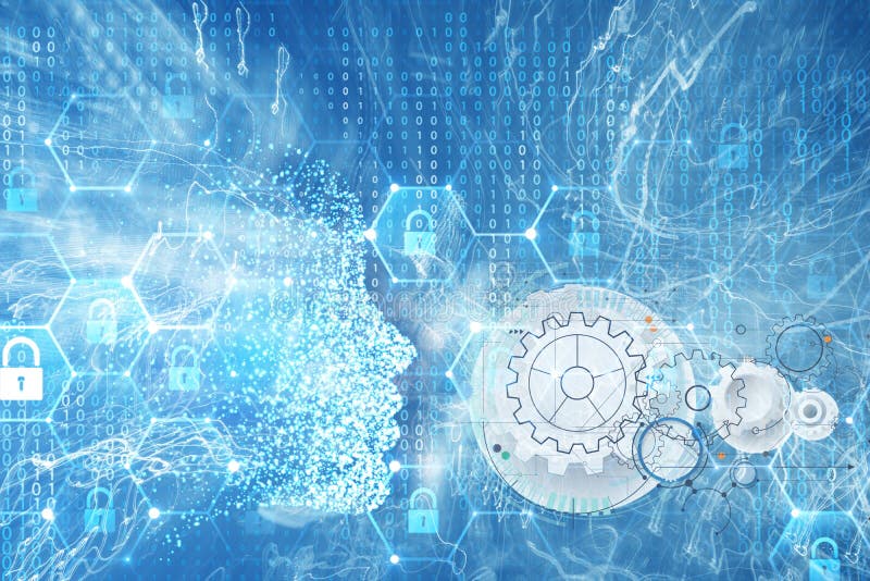 Fundo da intelig?ncia artificial Cabeça humana com sinal do código binário e da segurança e sinal do mecânico, conceito virtual, ilustração royalty free Fundo da intelig?ncia artificial Cabeça humana com sinal do código binário e da segurança e sinal do mecânico, conceito virtual, ilustração royalty free