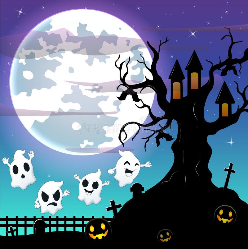 Fundo da noite de Dia das Bruxas com fantasma do voo e bastões que penduram na casa na árvore assustador ilustração do vetor Fundo da noite de Dia das Bruxas com fantasma do voo e bastões que penduram na casa na árvore assustador ilustração do vetor