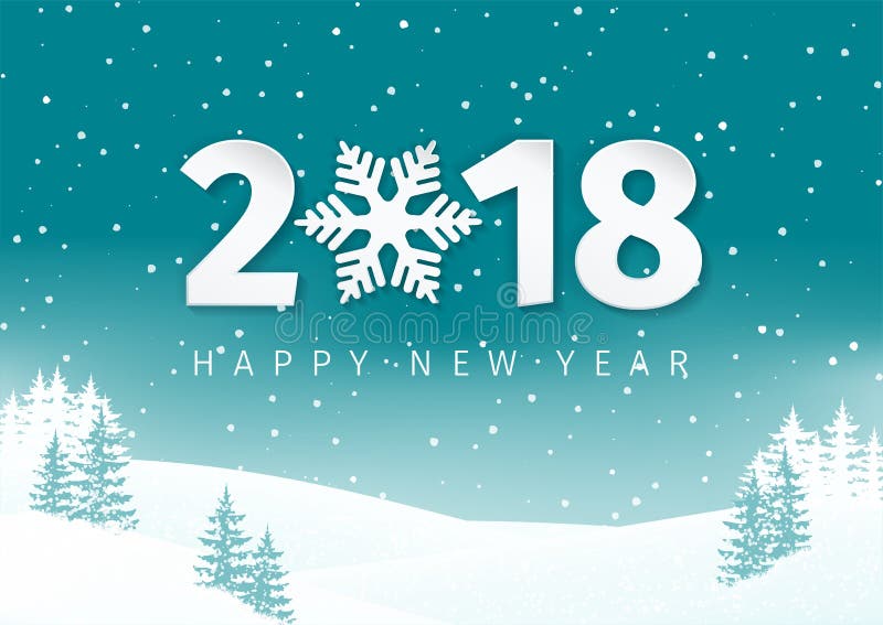 Fundo da paisagem do inverno da noite com campo nevado e abeto Projeto do texto do ano novo feliz 2018 com floco de neve ilustração do vetor Fundo da paisagem do inverno da noite com campo nevado e abeto Projeto do texto do ano novo feliz 2018 com floco de neve ilustração do vetor