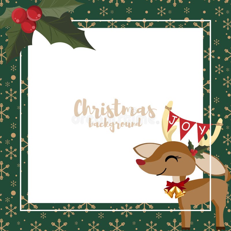 Fundo da ?poca de f?rias do Natal com rena bonito, flocos de neve e bagas do azevinho no fundo verde com espa?o branco da c?pia ilustração stock Fundo da ?poca de f?rias do Natal com rena bonito, flocos de neve e bagas do azevinho no fundo verde com espa?o branco da c?pia ilustração stock