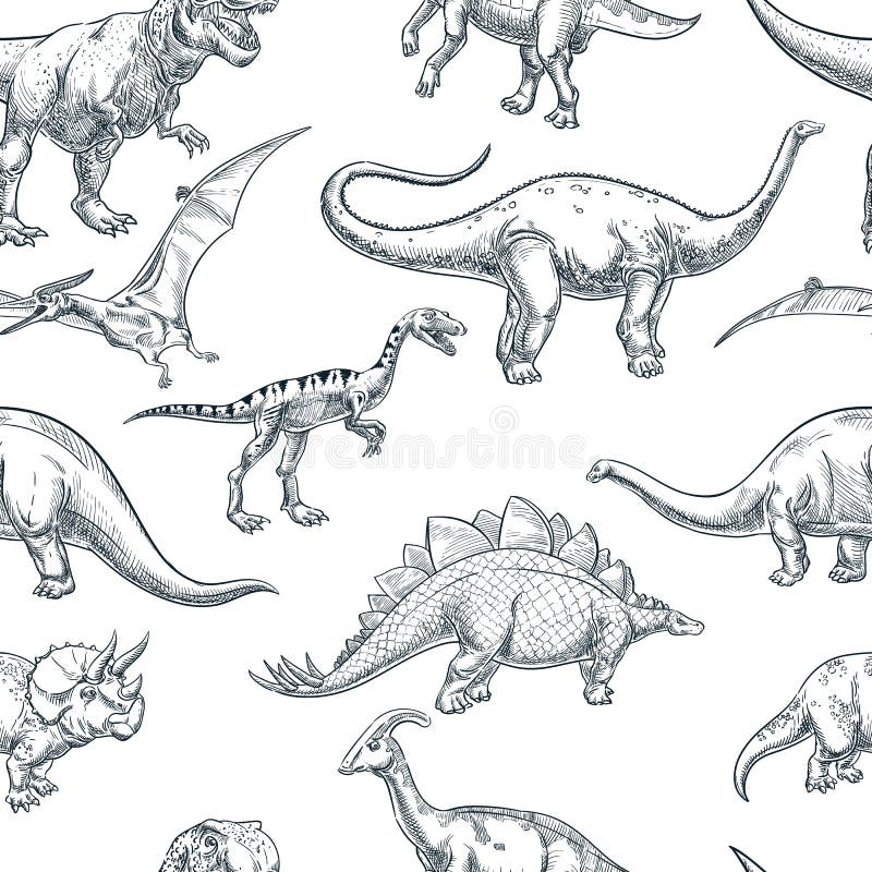 Dinossauro Dinossauros Desenhados Mão Vetor Fundo Sem Costura Desenho  Esboço imagem vetorial de jakel© 387324134