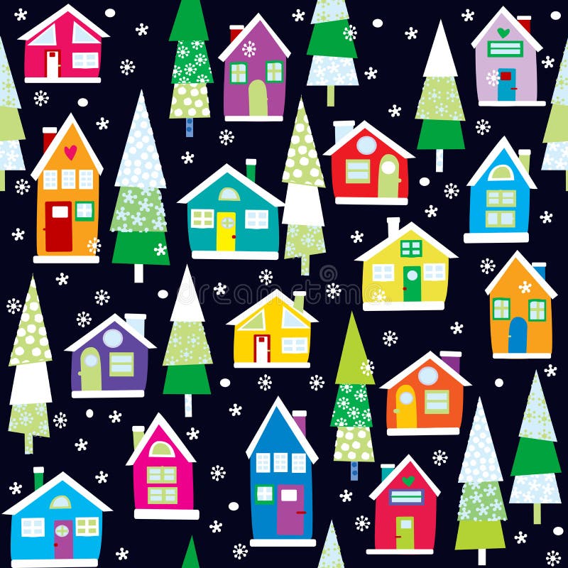 Fundo de inverno com casas coloridas de desenho