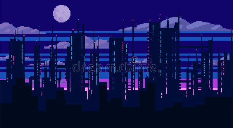 Cidade Noturna De Arte Pixel Com Nuvens Do Céu Paisagem Estrelas