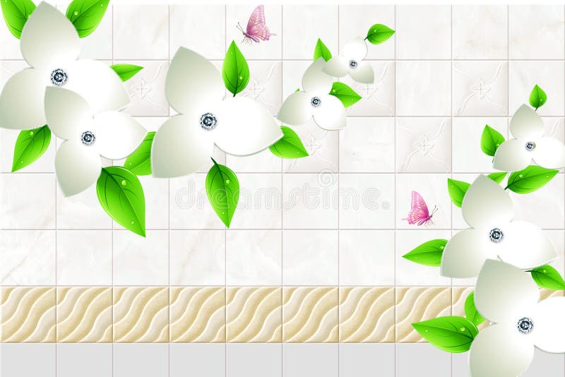 fundo de mármore quadrado das ondas do sumário do papel de parede 3d com os tijolos da borboleta e da parede e ramo verde das flo ilustração stock fundo de mármore quadrado das ondas do sumário do papel de parede 3d com os tijolos da borboleta e da parede e ramo verde das flo ilustração stock