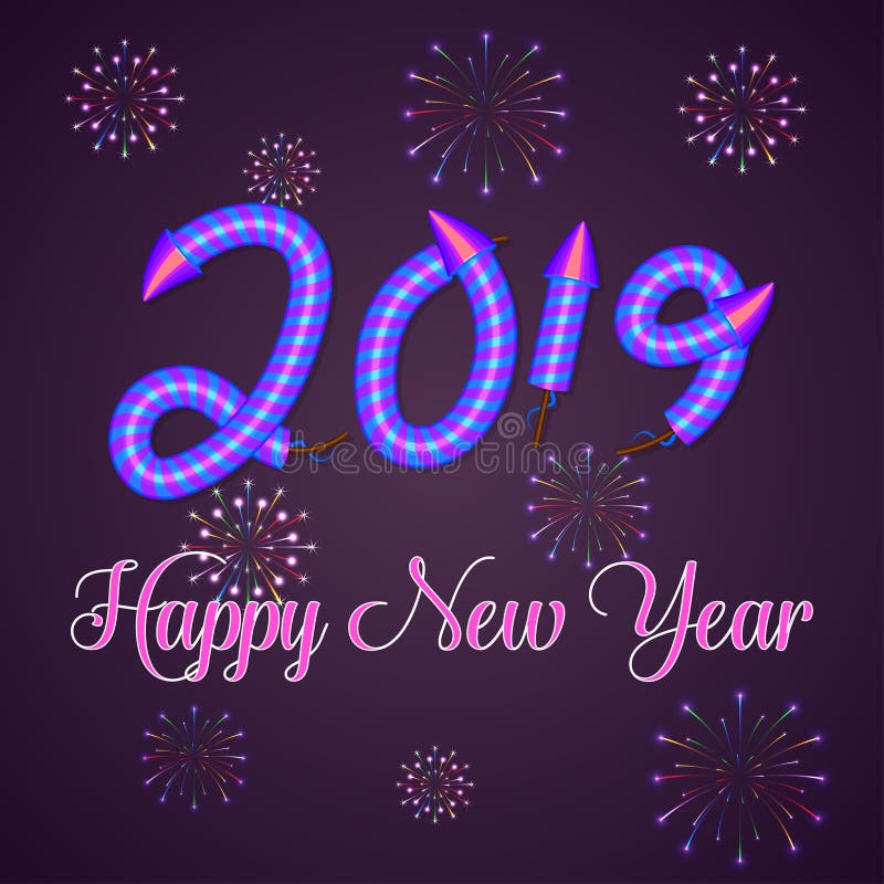 Fundo do ano 2019 novo feliz com rotulação e efeito tirados mão do texto dos fogos de artifício do foguete Molde do projeto do an ilustração do vetor Fundo do ano 2019 novo feliz com rotulação e efeito tirados mão do texto dos fogos de artifício do foguete Molde do projeto do an ilustração do vetor