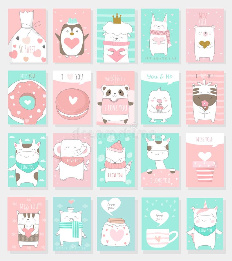 Fundo do dia de Valentim com desenhos animados animais do bebê bonito ilustração stock Fundo do dia de Valentim com desenhos animados animais do bebê bonito ilustração stock