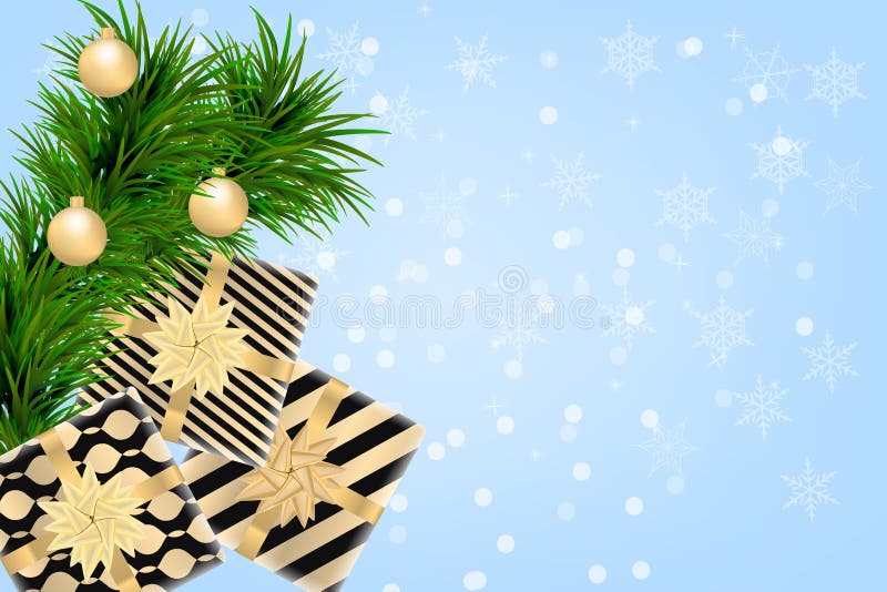 Fundo do Feliz Natal e do ano novo feliz com caixas de presente, ramos do abeto e bolas do Natal Projeto moderno Backgrou univers ilustração stock Fundo do Feliz Natal e do ano novo feliz com caixas de presente, ramos do abeto e bolas do Natal Projeto moderno Backgrou univers ilustração stock