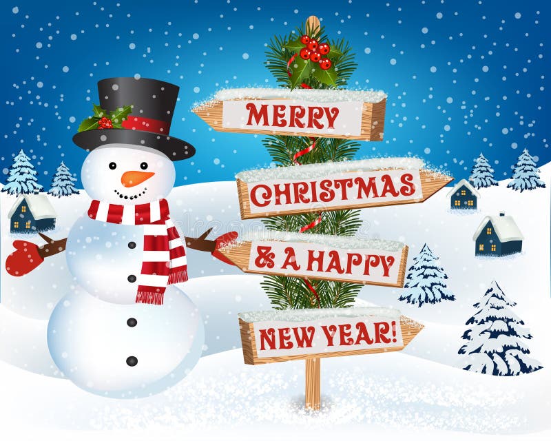 Fundo do Natal com boneco de neve e sinal de madeira ilustração royalty free Fundo do Natal com boneco de neve e sinal de madeira ilustração royalty free