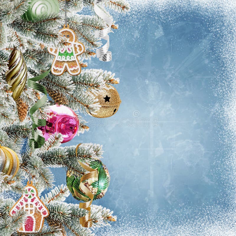 Fundo do Natal com ramos, cookies, bolas e neve do pinho ilustração royalty free Fundo do Natal com ramos, cookies, bolas e neve do pinho ilustração royalty free