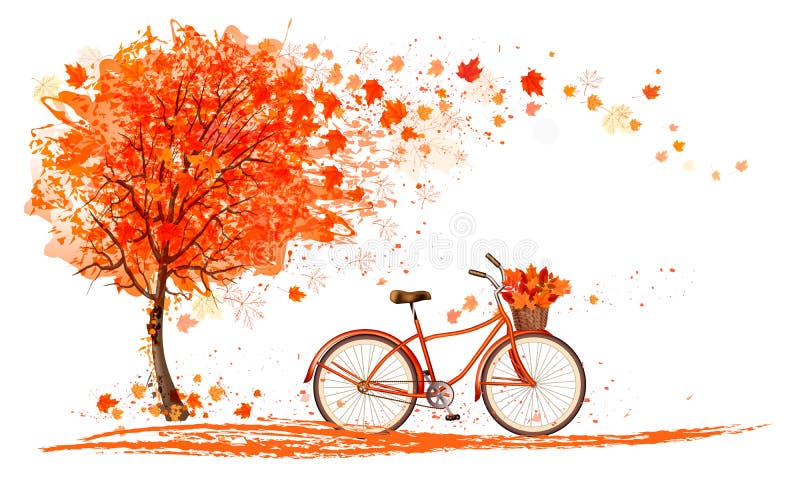 Fundo de outono com uma árvore e uma bicicleta. ilustração royalty free