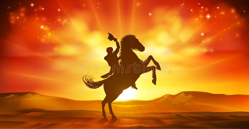 Fundo do por do sol de Riding Horse Silhouette do vaqueiro ilustração do vetor Fundo do por do sol de Riding Horse Silhouette do vaqueiro ilustração do vetor