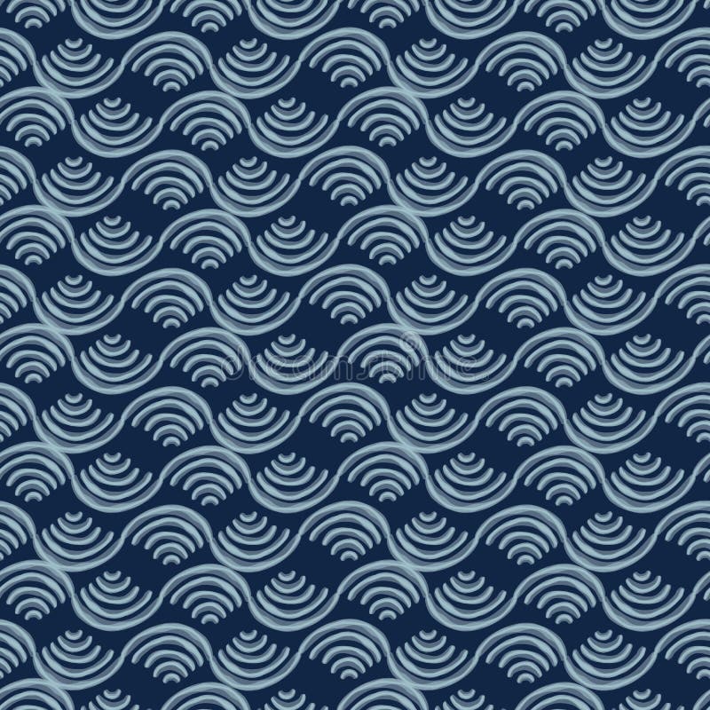 Fundo do Shibori Tie Dye Indigo Blue Wave Texture Padrão de resistência sem soldadura feita à mão Água do mar