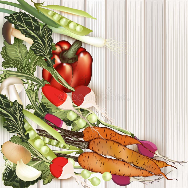 Fundo do vegetariano do alimento com os vegetais orgânicos na textura de madeira, teste padrão da árvore, estilo do grunge, vetor ilustração royalty free Fundo do vegetariano do alimento com os vegetais orgânicos na textura de madeira, teste padrão da árvore, estilo do grunge, vetor ilustração royalty free