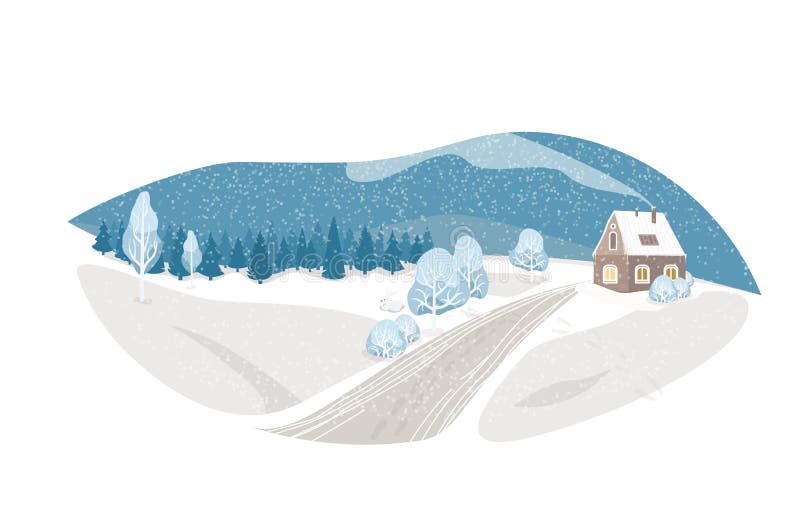 Winter isolated landscape vector background. Nature rustic scene with cute house, fir tree, road, snowman, hill. North outdoor snow home scenery. Winter isolated landscape vector background. Nature rustic scene with cute house, fir tree, road, snowman, hill. North outdoor snow home scenery.