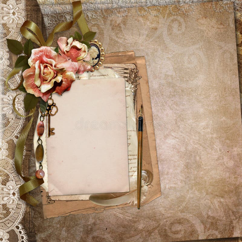 Fundo do vintage com cartão velho, letras, rosas murchos ilustração stock Fundo do vintage com cartão velho, letras, rosas murchos ilustração stock