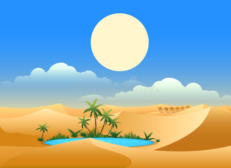 Desert oasis background. Egypt hot dunes with palm trees, bedouin and camels vector illustration. Desert oasis background. Egypt hot dunes with palm trees, bedouin and camels vector illustration