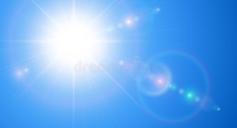 Sunny background, blue sky with sun and lens flare, vector illustration. Sunny background, blue sky with sun and lens flare, vector illustration.