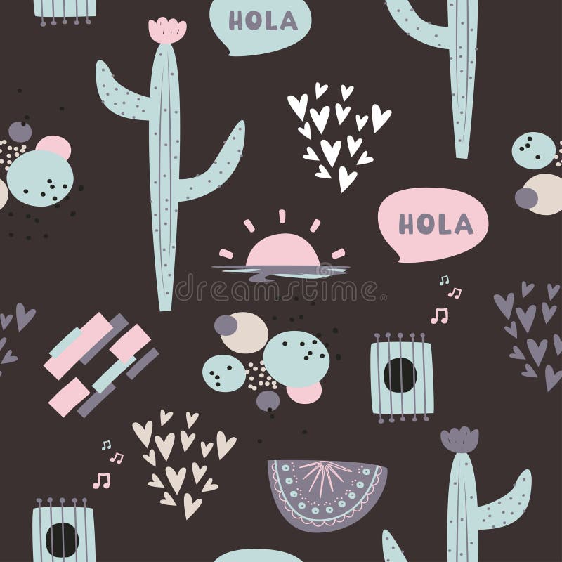 Fundo escuro bonito do vetor Sul - teste padrão étnico americano com cacto, composições abstratas e corações ilustração stock Fundo escuro bonito do vetor Sul - teste padrão étnico americano com cacto, composições abstratas e corações ilustração stock
