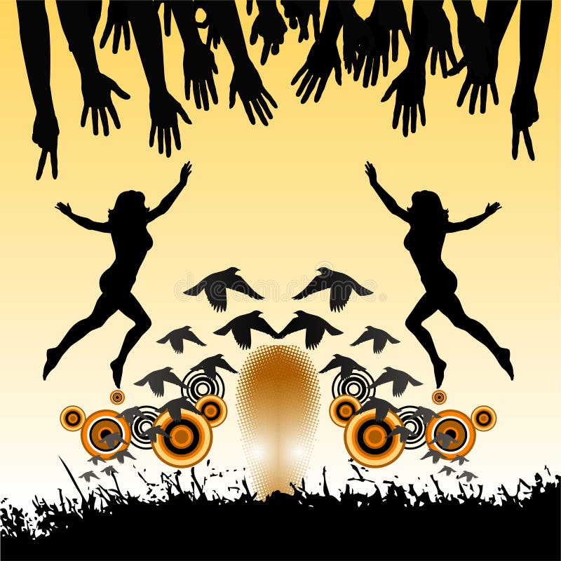 Silhouettes of dancing women, waving hands and flying birds in a floral background. Silhouettes of dancing women, waving hands and flying birds in a floral background.