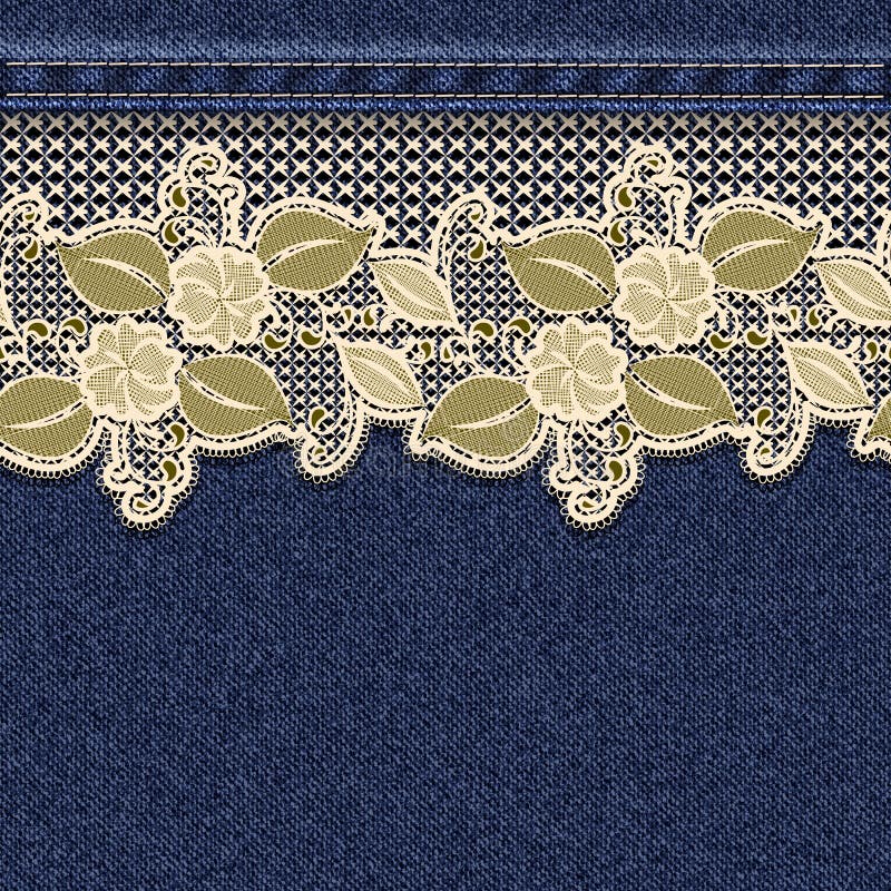 Fundo horizontal sem emenda da sarja de Nimes com a fita floral do laço ilustração stock Fundo horizontal sem emenda da sarja de Nimes com a fita floral do laço ilustração stock