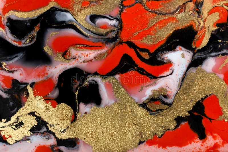 Fundo líquido vermelho preto branco e ouro. textura de mármore abstrata. foto de stock royalty free
