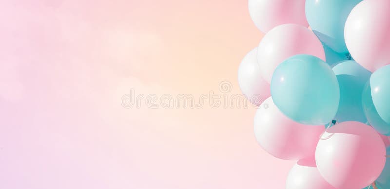 Beautiful panoramic background with pink and blue balloons. Group of pastel party balloons on soft background. Concept of happiness, joy, birthday. Wide Angle Holiday Web Banner With Copy Space. Beautiful panoramic background with pink and blue balloons. Group of pastel party balloons on soft background. Concept of happiness, joy, birthday. Wide Angle Holiday Web Banner With Copy Space