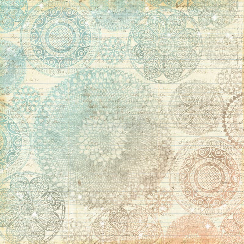 Vintage Multicolor Pastel Fancy Lace Doily Design Background on ruled paper with handwritten text. Vintage Multicolor Pastel Fancy Lace Doily Design Background on ruled paper with handwritten text