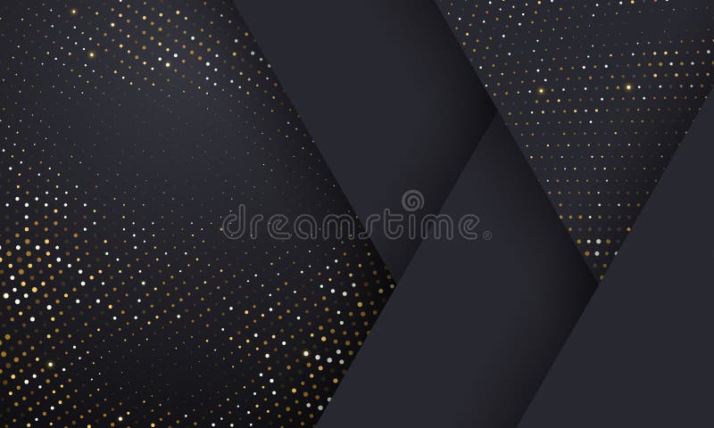 Gold and silver halftone pattern on geometric black background. Vector golden glitter dotted sparkles or halftone shine texture. Gold and silver halftone pattern on geometric black background. Vector golden glitter dotted sparkles or halftone shine texture