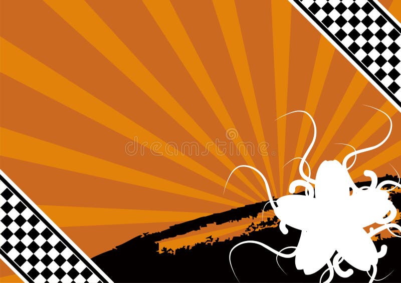 Abstract retro background in yellow, orange black and white. Yellow-orange rays emanate in background, with solid black near bottom. White floral form with multiple curving offshoots in bottom right corner. Upper left and bottom ride corners angled with black and white checkerboard stripes. Abstract retro background in yellow, orange black and white. Yellow-orange rays emanate in background, with solid black near bottom. White floral form with multiple curving offshoots in bottom right corner. Upper left and bottom ride corners angled with black and white checkerboard stripes.