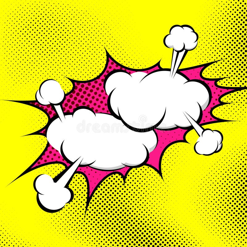 Pop art bubble collision abstract retro background displaying two confrontation steam explosion clouds over yellow dotted background. Vector illustration. Pop art bubble collision abstract retro background displaying two confrontation steam explosion clouds over yellow dotted background. Vector illustration