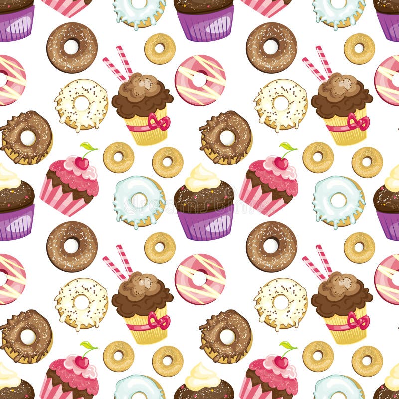 Fundo sem emenda com doces e as sobremesas diferentes teste padrão telhado dos anéis de espuma e dos queques Textura bonito do pa ilustração stock Fundo sem emenda com doces e as sobremesas diferentes teste padrão telhado dos anéis de espuma e dos queques Textura bonito do pa ilustração stock