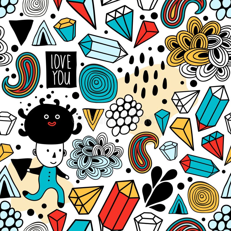 Fundo sem emenda com elementos abstratos do projeto e as criaturas estranhas ilustração stock