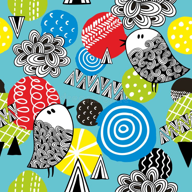 Fundo sem emenda com formas abstratas e pássaros da garatuja ilustração do vetor